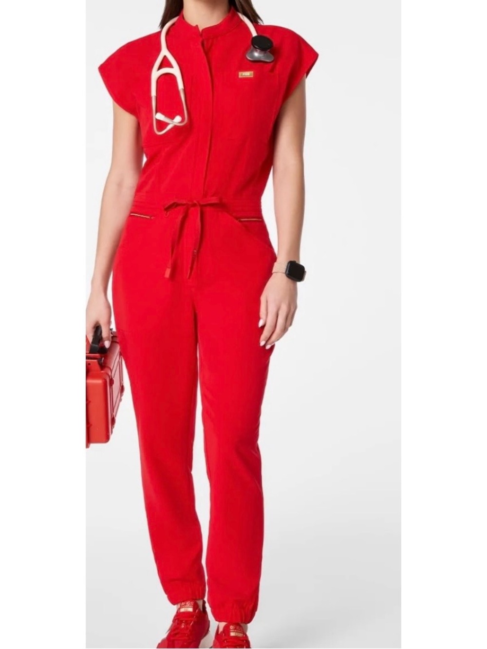 NWT FIGS pop red jumpsuit with GOLD logo